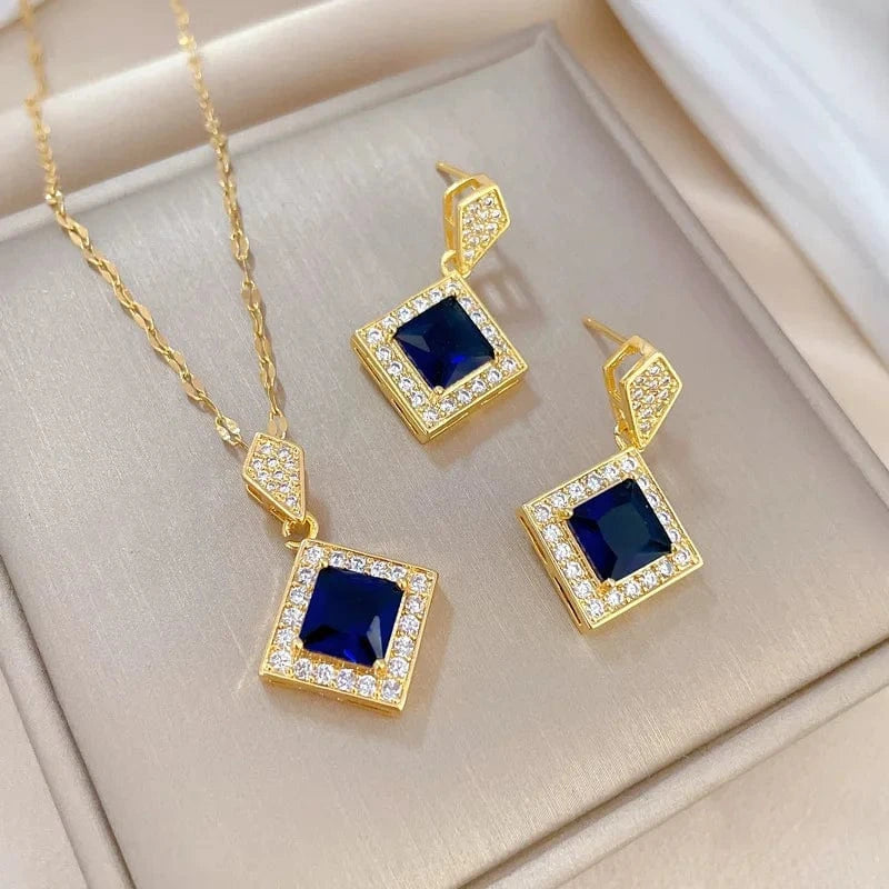 Hot Selling 18k Jewelry Sets  Stainless Steel Gold Plated Wedding Party Blue diamond Jewelry Sets for Women gift