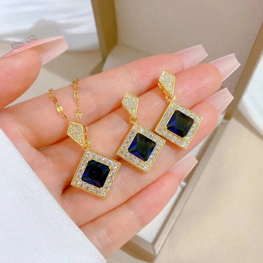 Hot Selling 18k Jewelry Sets  Stainless Steel Gold Plated Wedding Party Blue diamond Jewelry Sets for Women gift