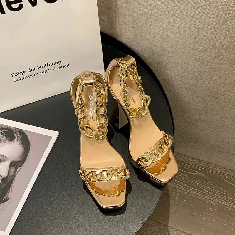 Hot Selling 2023 New Summer Sexy Sandals Open Toe Thick Heels Women's Shoes Roman Chain Buckle Strap High Heel Sandals