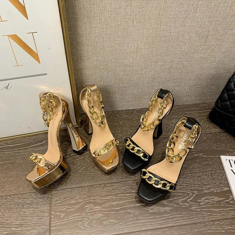 Hot Selling 2023 New Summer Sexy Sandals Open Toe Thick Heels Women's Shoes Roman Chain Buckle Strap High Heel Sandals