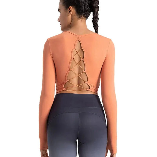 Hot selling 2024 new Women Long Sleeve Stretchy Soft Cropped Hollow Back Fitness T Shirt