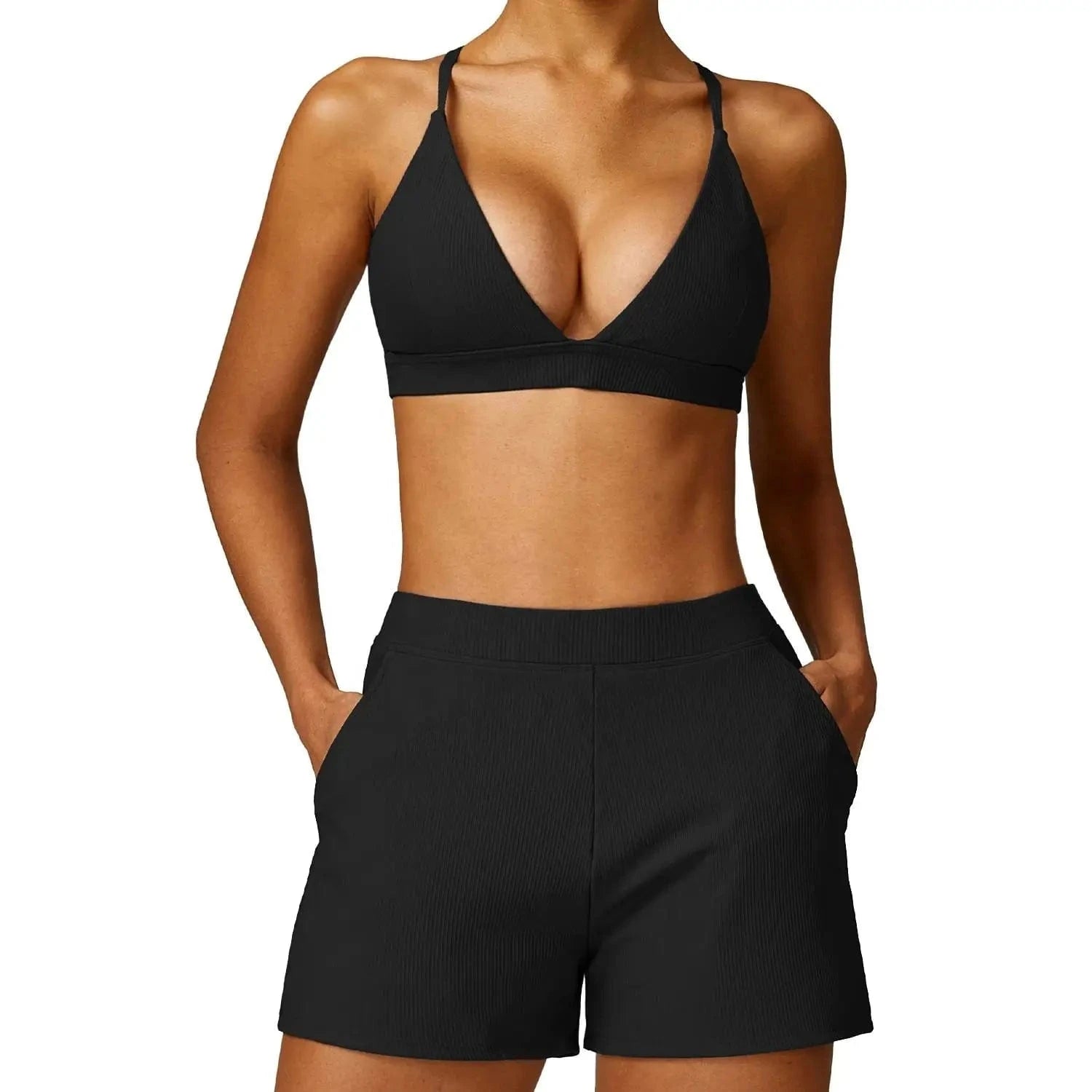 Hot selling 2024 new Women Stretchy Soft Comfort V Neck Ribbed Running Shorts and Bra Set