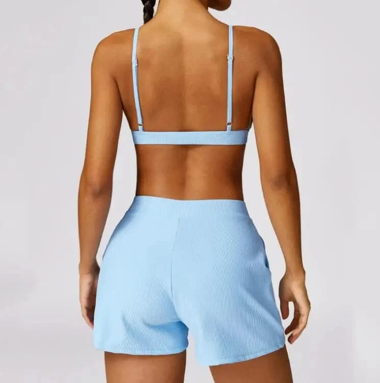 Hot selling 2024 new Women Stretchy Soft Comfort V Neck Ribbed Running Shorts and Bra Set