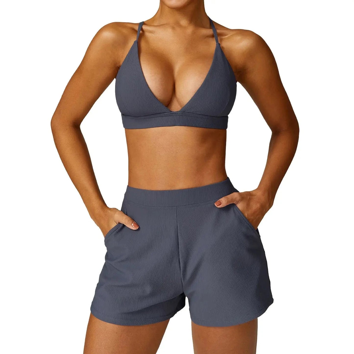 Hot selling 2024 new Women Stretchy Soft Comfort V Neck Ribbed Running Shorts and Bra Set