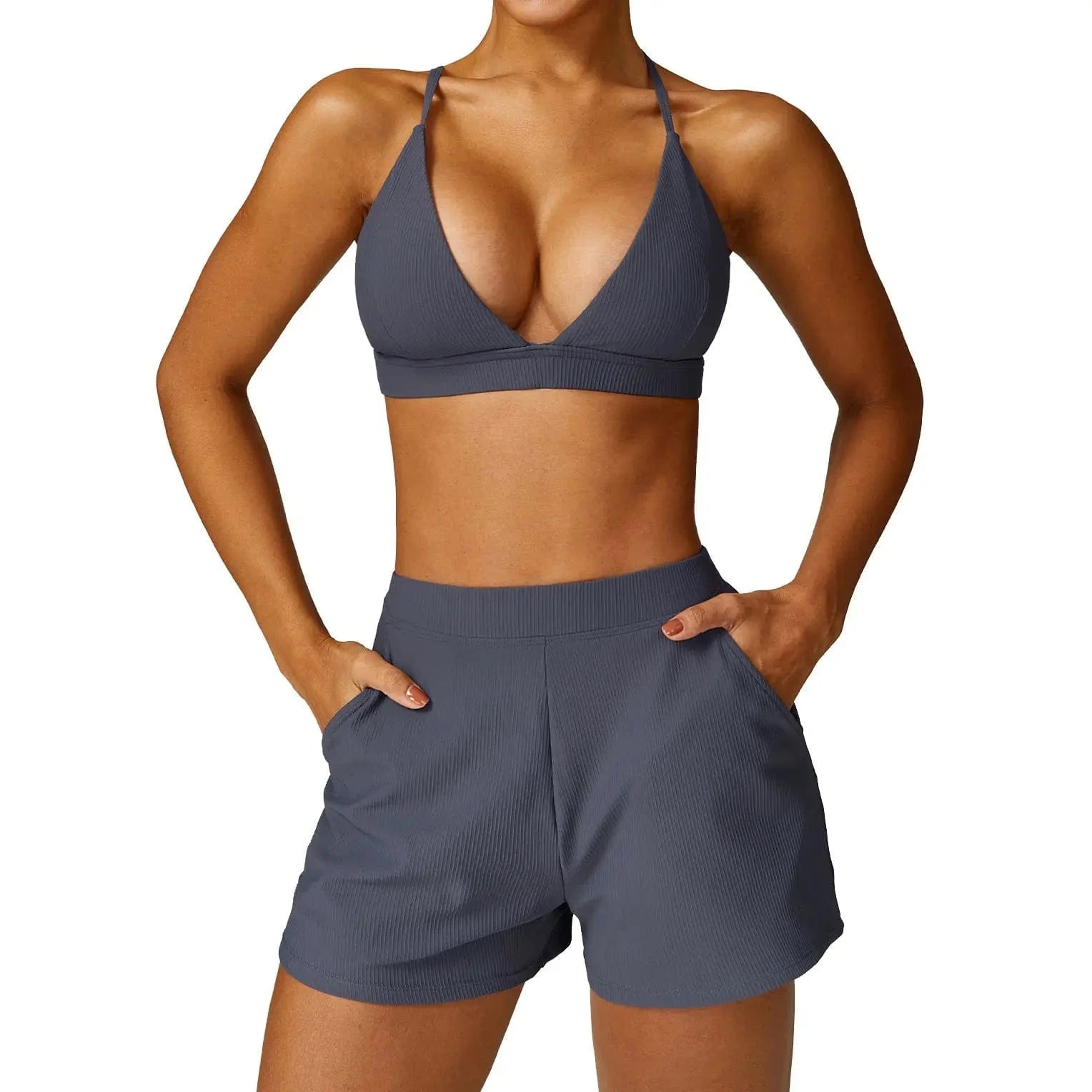 Hot selling 2024 new Women Stretchy Soft Comfort V Neck Ribbed Running Shorts and Bra Set