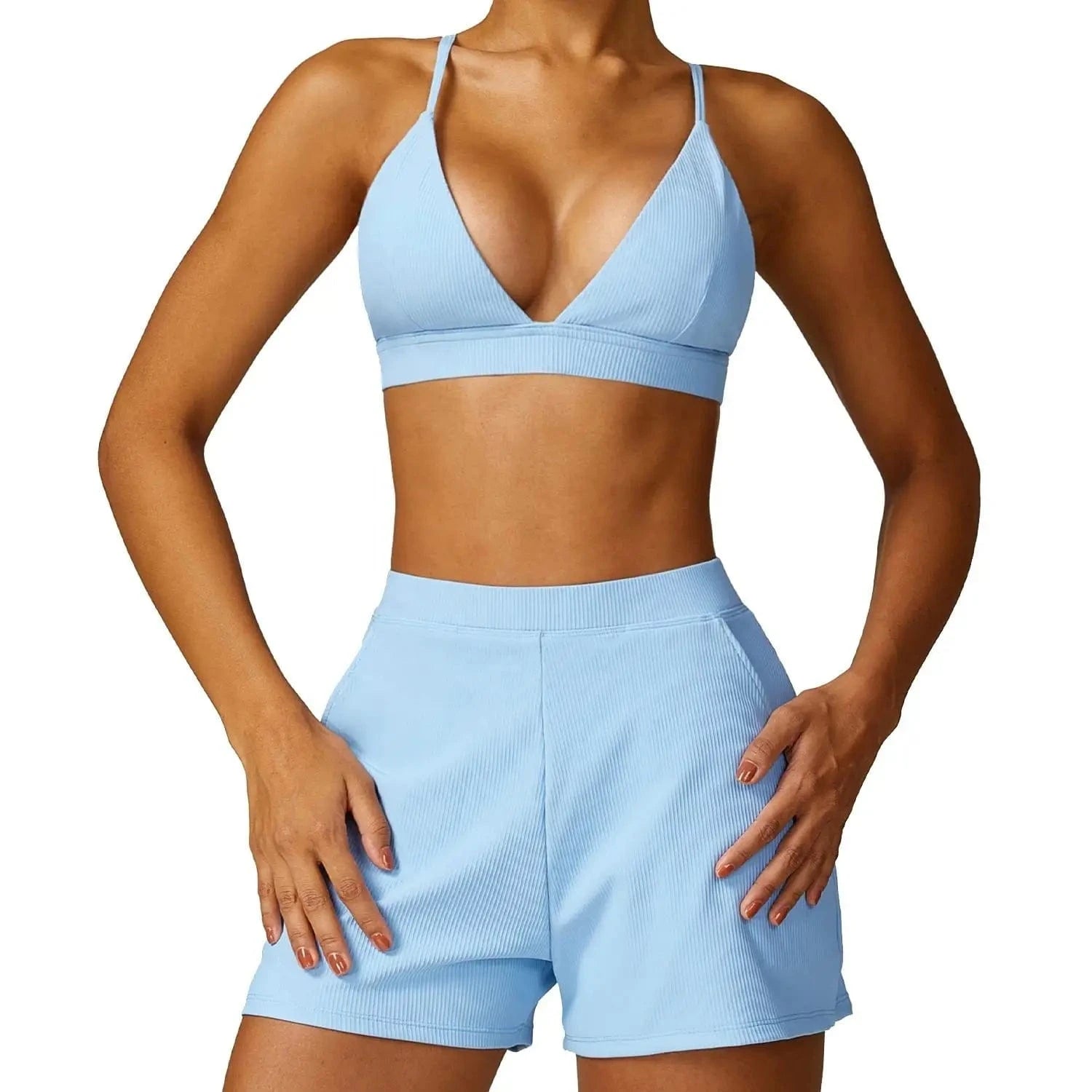 Hot selling 2024 new Women Stretchy Soft Comfort V Neck Ribbed Running Shorts and Bra Set