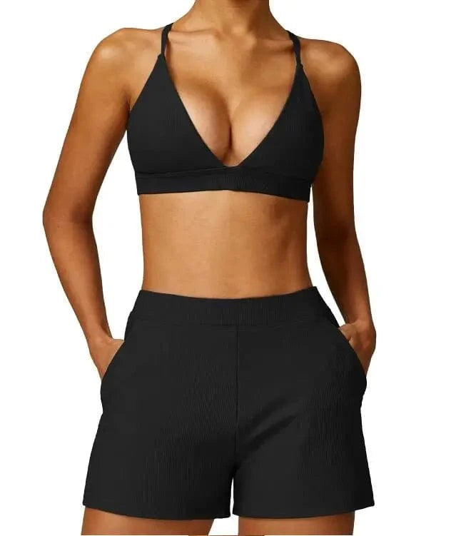 Hot selling 2024 new Women Stretchy Soft Comfort V Neck Ribbed Running Shorts and Bra Set