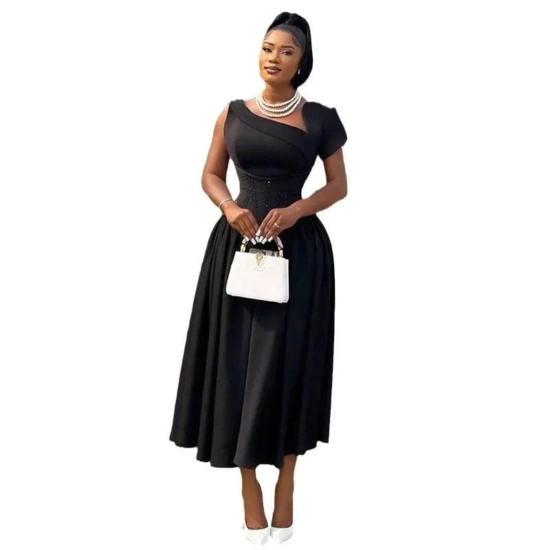 Hot selling 2024 Spring New Loose Casual Pleated Dresses Single Shoulder Short Sleeve Solid Colour Dress for women