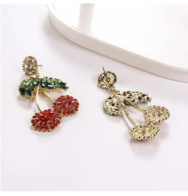 Hot Selling Gold Plated Statement Fruit Earring Jewelry Luxury Colorful Rhinestone Cherry Earrings For Women
