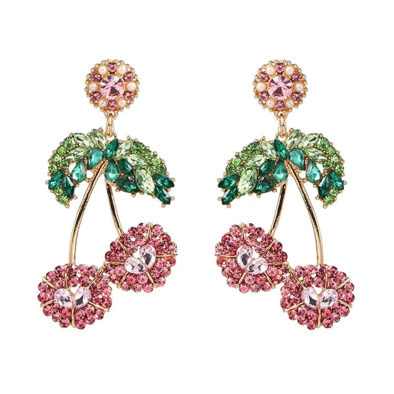 Hot Selling Gold Plated Statement Fruit Earring Jewelry Luxury Colorful Rhinestone Cherry Earrings For Women