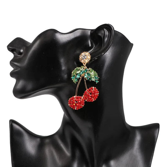 Hot Selling Gold Plated Statement Fruit Earring Jewelry Luxury Colorful Rhinestone Cherry Earrings For Women