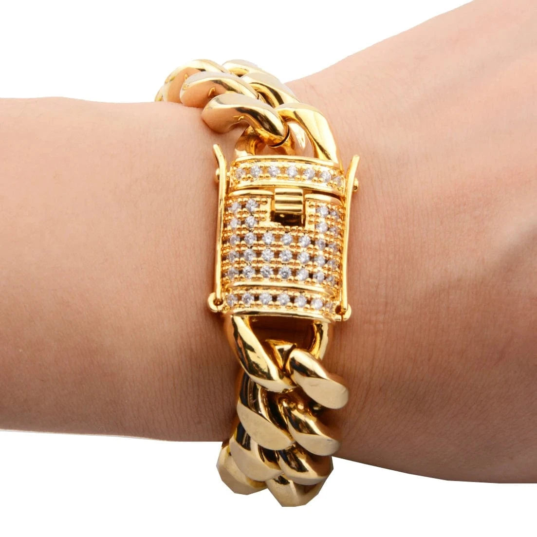 Hot Selling HipHop Jewelry Chunky Stainless Steel 18K Gold Plated Cz Miami Cuban Chain Wrist Hand Bracelet