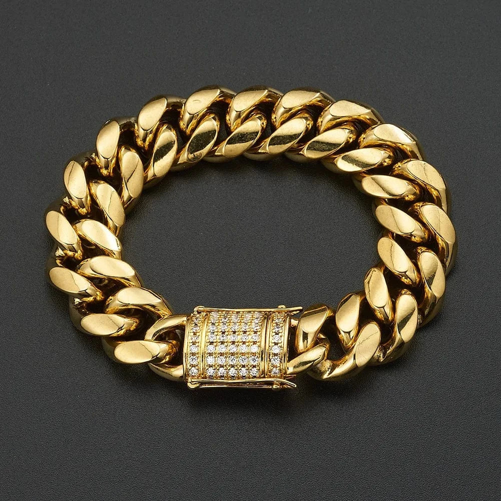 Hot Selling HipHop Jewelry Chunky Stainless Steel 18K Gold Plated Cz Miami Cuban Chain Wrist Hand Bracelet