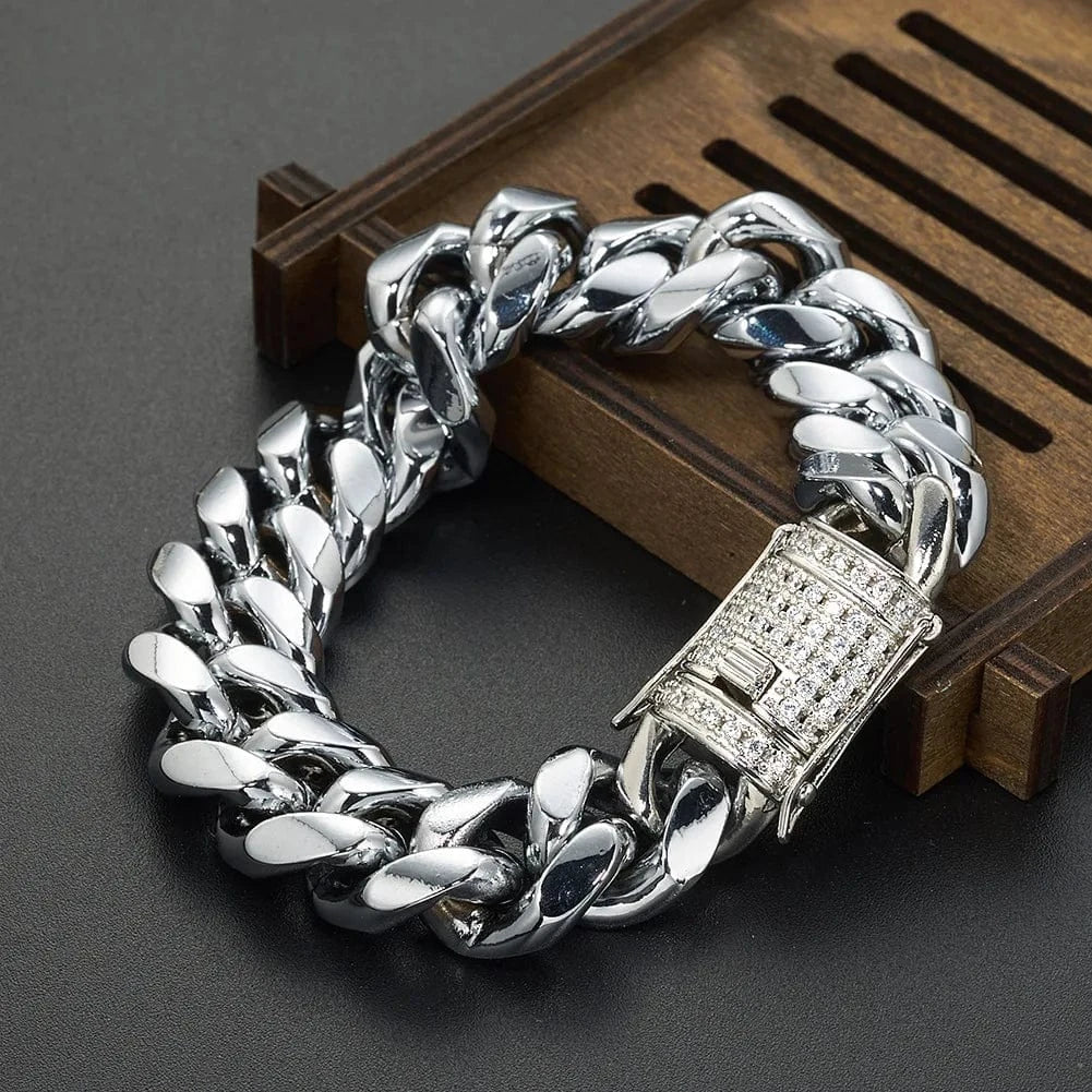 Hot Selling HipHop Jewelry Chunky Stainless Steel 18K Gold Plated Cz Miami Cuban Chain Wrist Hand Bracelet