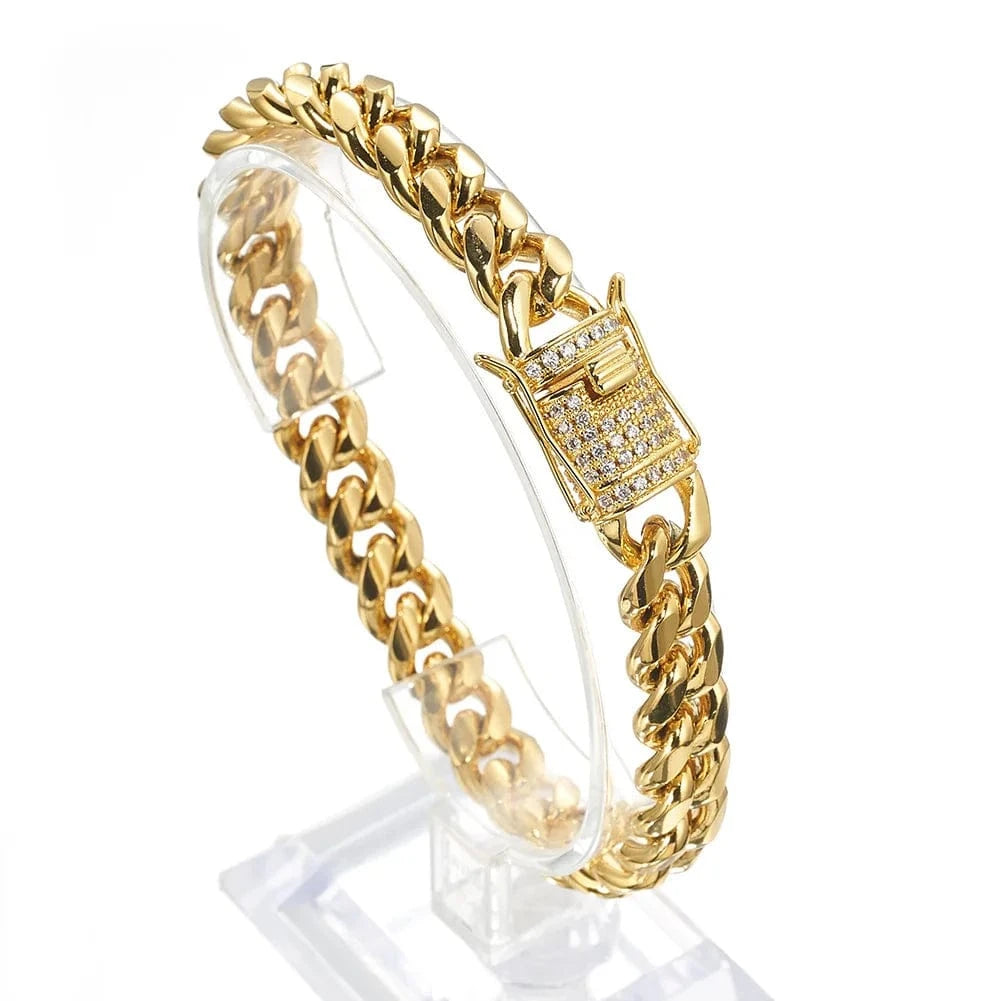 Hot Selling HipHop Jewelry Chunky Stainless Steel 18K Gold Plated Cz Miami Cuban Chain Wrist Hand Bracelet