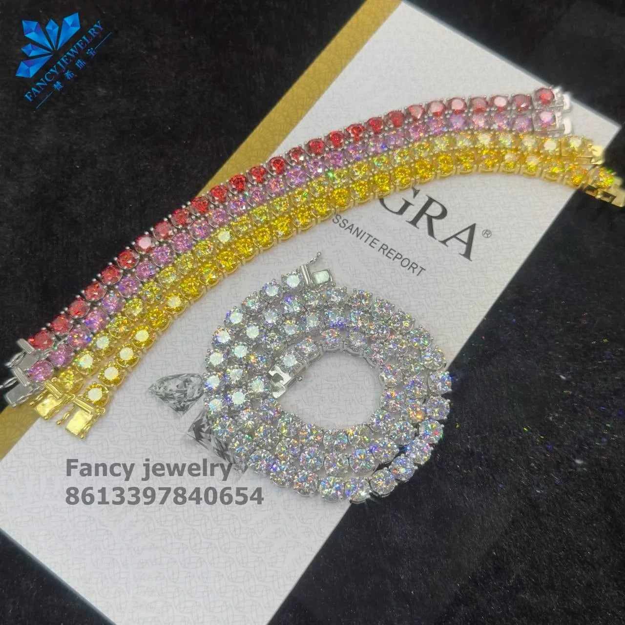 Hot Selling Iced Out VVS Moissanite Tennis Bracelet 925 Silver Red Pink Yellow Moissanite Diamond Tennis Chain Hip Hop Jewelry