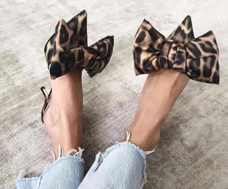 Hot Selling Leopard PU leather High Heel Women Sandal High Heel bowknot women mule
