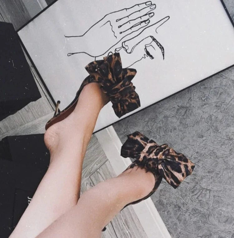 Hot Selling Leopard PU leather High Heel Women Sandal High Heel bowknot women mule