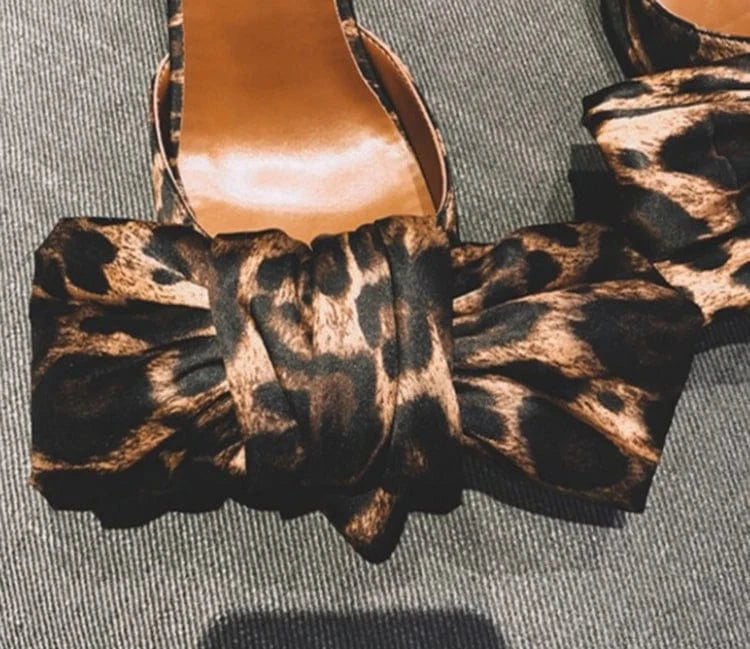 Hot Selling Leopard PU leather High Heel Women Sandal High Heel bowknot women mule
