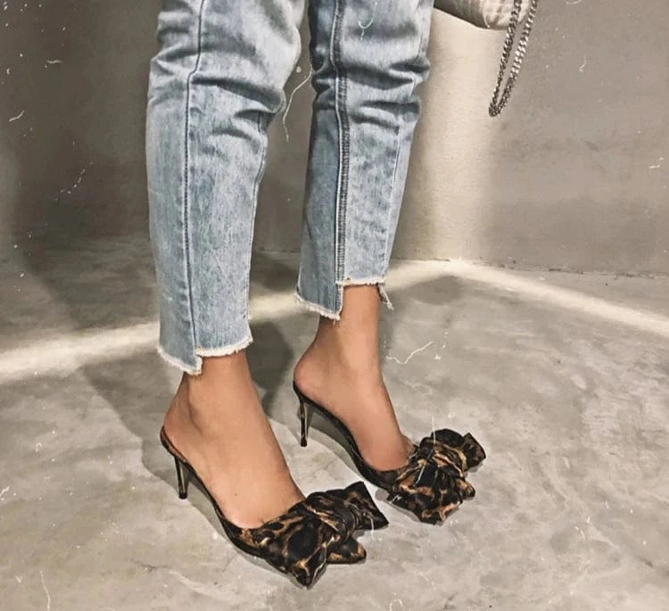 Hot Selling Leopard PU leather High Heel Women Sandal High Heel bowknot women mule