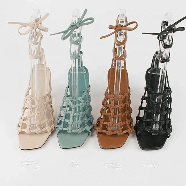 Hot selling low price peep toe ankle strap Ornamental openwork fabric mid heel square toe ladies sandals