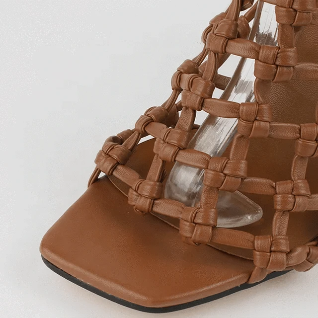 Hot selling low price peep toe ankle strap Ornamental openwork fabric mid heel square toe ladies sandals