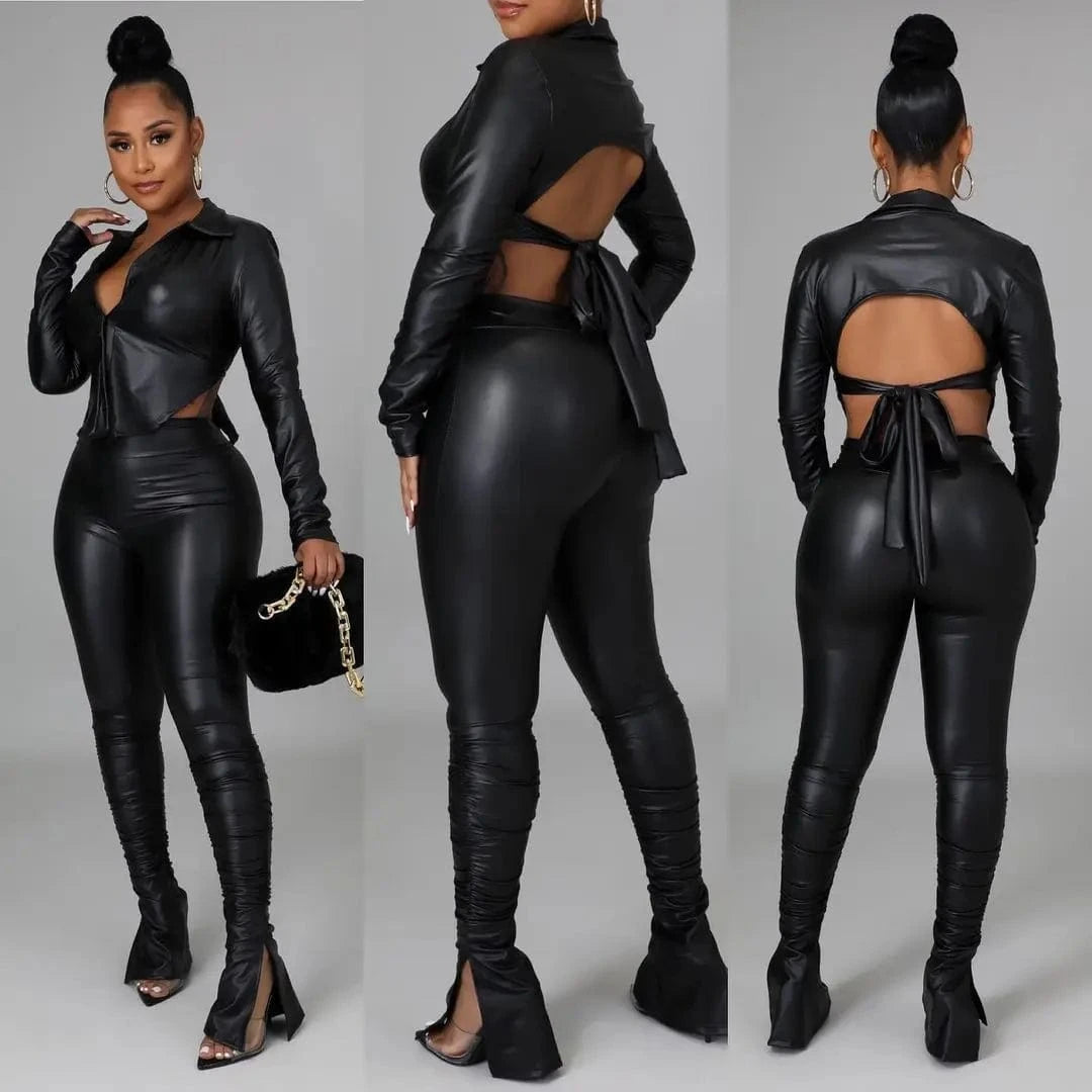 Hot Selling Sexy Backless Pu Two Piece Set Autumn Long Sleeve Turn-down Collar Shirt Side Slit Pant Leather 2 Piece Set Women