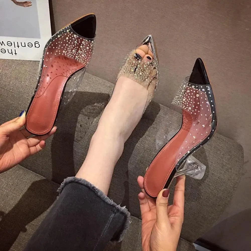 Hot selling sexy women clear PVC peep toe diamante stiletto slippers pointed Toe sexy Ladies shoes high heel sandals