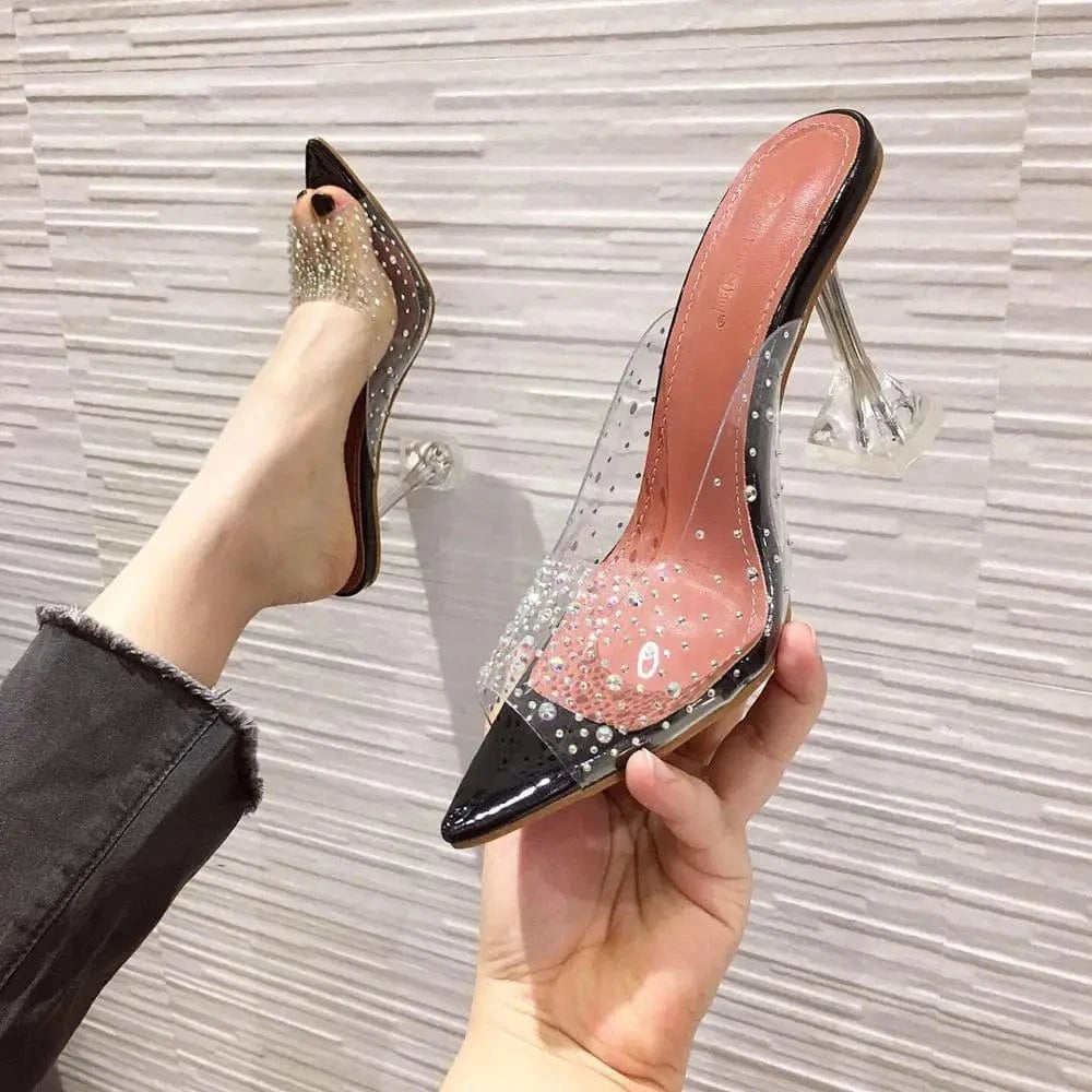Hot selling sexy women clear PVC peep toe diamante stiletto slippers pointed Toe sexy Ladies shoes high heel sandals