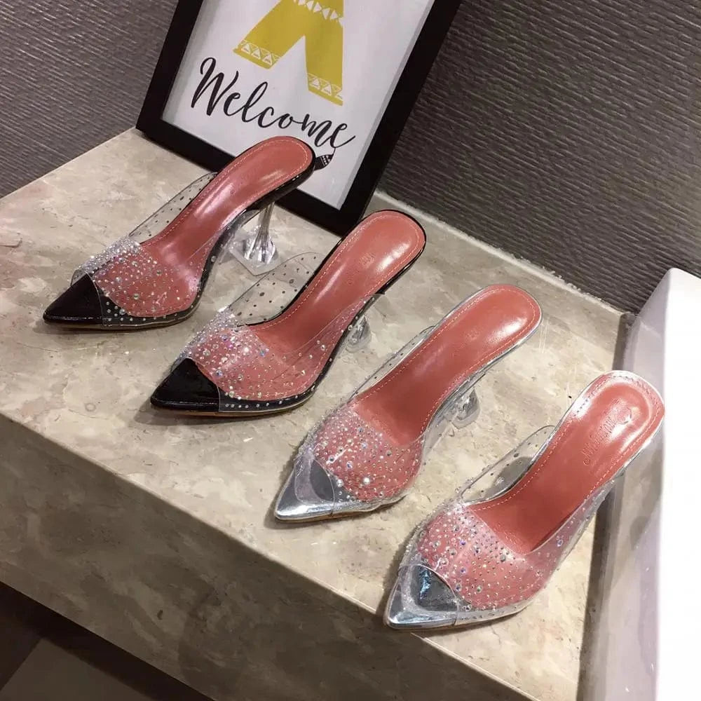 Hot selling sexy women clear PVC peep toe diamante stiletto slippers pointed Toe sexy Ladies shoes high heel sandals