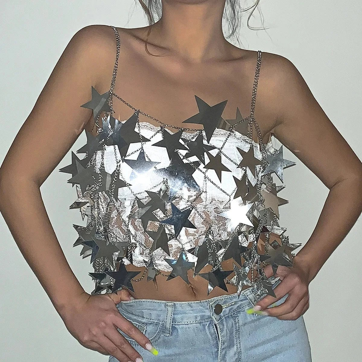Hot Selling Star Sequined Clubbing Hollow Out Skirt Halter Crop Top Summer Sexy Two Piece Skirt Set