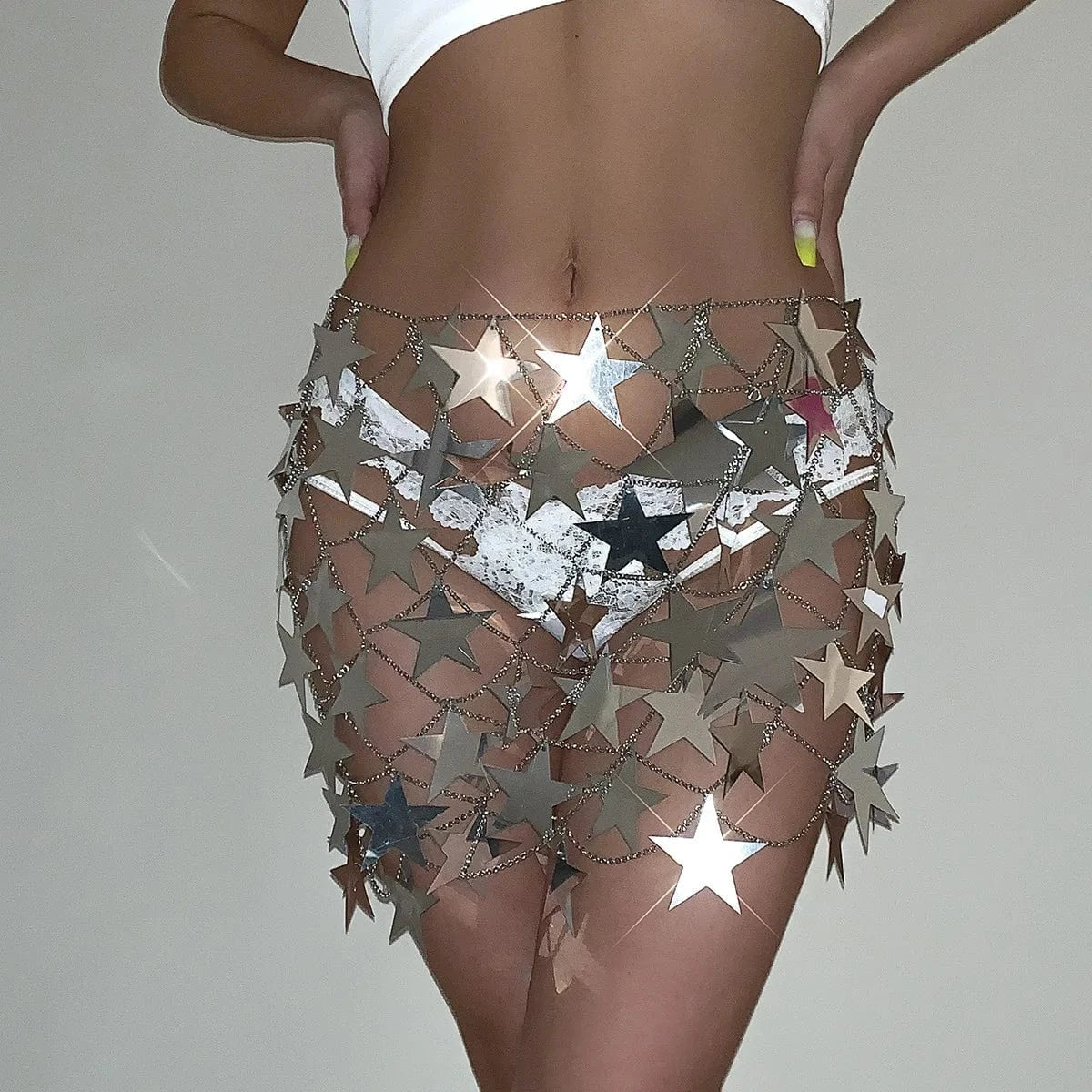 Hot Selling Star Sequined Clubbing Hollow Out Skirt Halter Crop Top Summer Sexy Two Piece Skirt Set