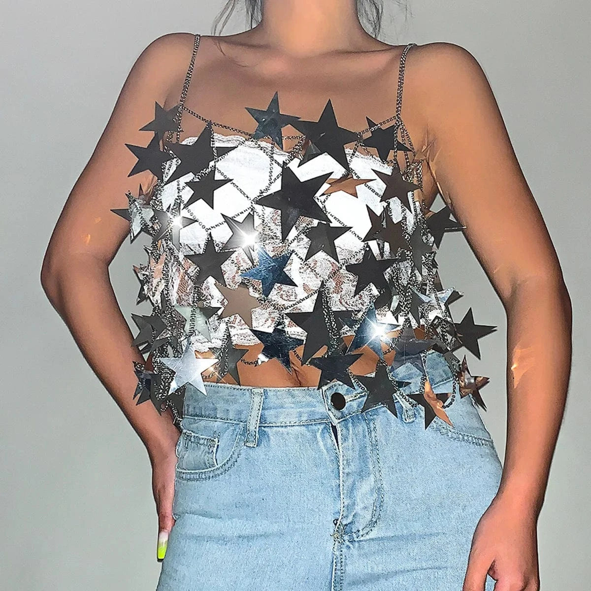 Hot Selling Star Sequined Clubbing Hollow Out Skirt Halter Crop Top Summer Sexy Two Piece Skirt Set