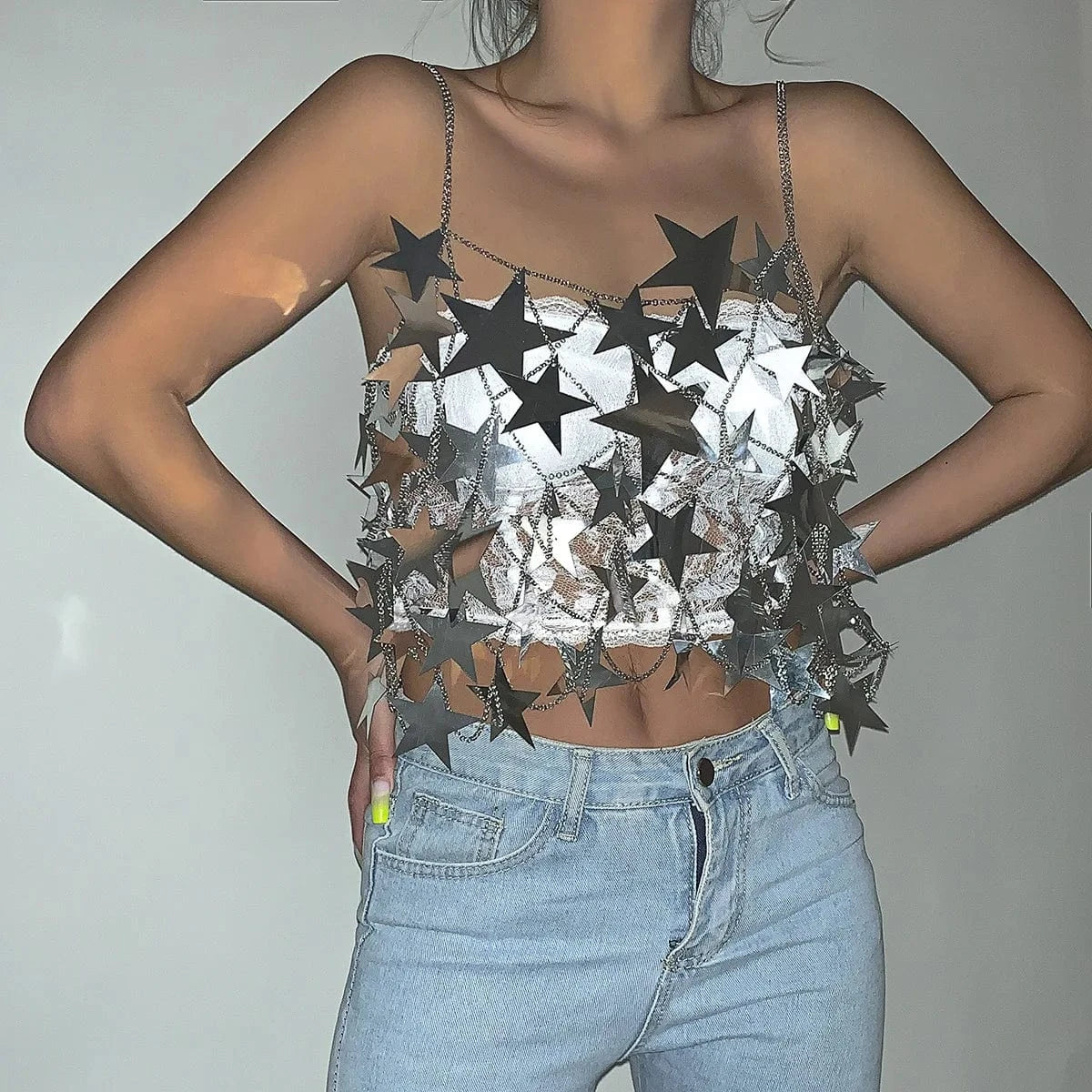 Hot Selling Star Sequined Clubbing Hollow Out Skirt Halter Crop Top Summer Sexy Two Piece Skirt Set