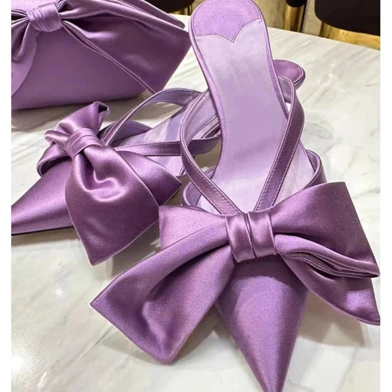 Hot Selling Tacones De Zapato Low Shoes Female Bow Trending Purple Heels for Women Ladies