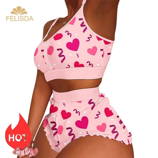 Hot Stripe Print Pajamas Women Sleeveless Cami Short Lingerie Sleepwear Set Fashion Sexy Home Ladies Underwear Pajamas Set