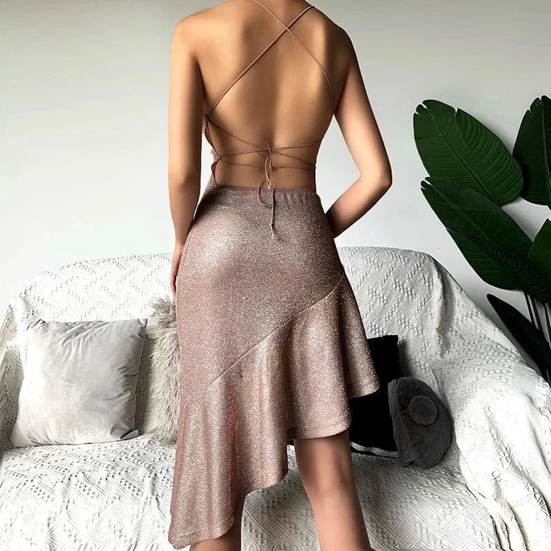 Hot Summer women Solid color backless slim halter sexy evening club mini sequin dresses women party