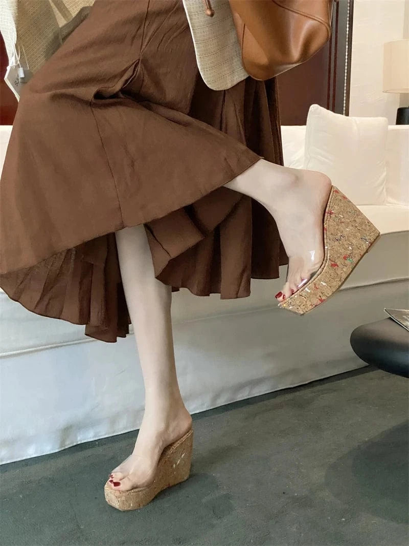 Hot transparent fish mouth high-end wedge slippers 2024 New