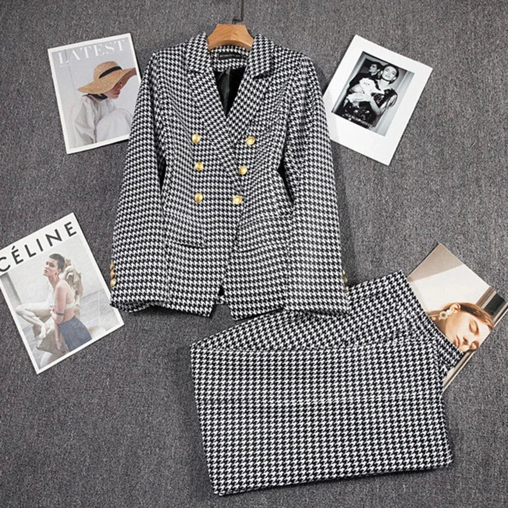 Houndstooth / XXL Casual Long Sleeve Blazer Pant Sets Suits For Woman 2025 Fashion 2 Pieces Set For Women Office Lady Coats Jackets