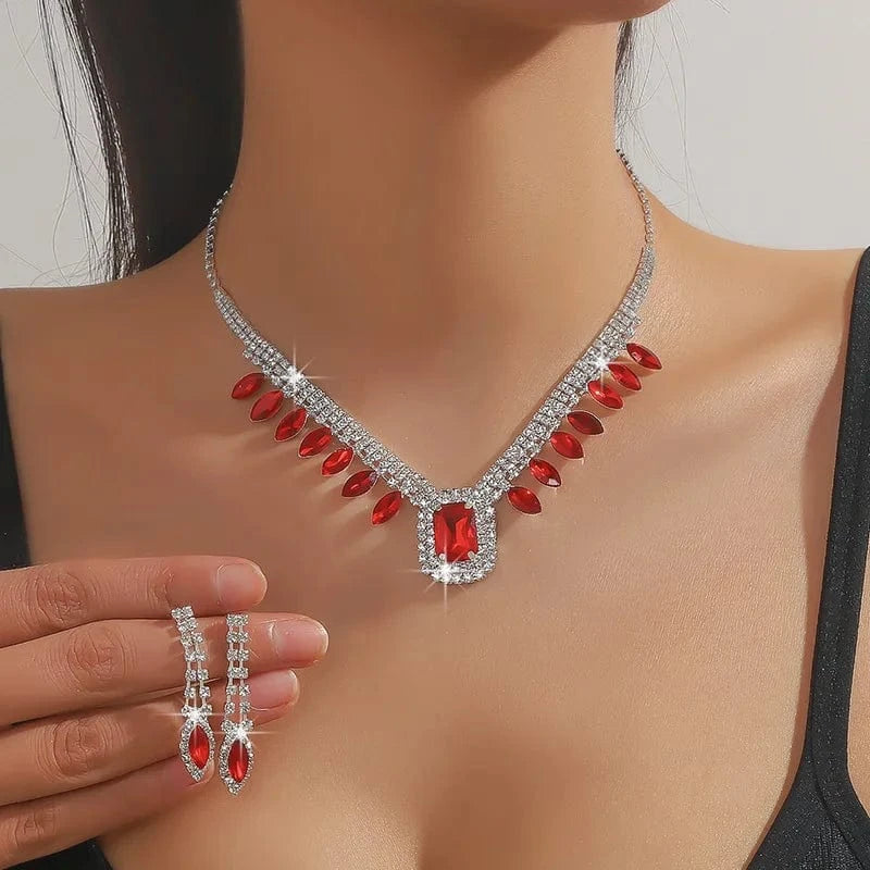 Hoyon Luxury Cubic Zircon Necklace Pendant Earrings For Women's Parties Blue Gemstone Jewelry Set Wedding Bride