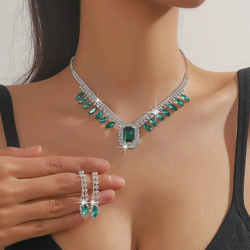 Hoyon Luxury Cubic Zircon Necklace Pendant Earrings For Women's Parties Blue Gemstone Jewelry Set Wedding Bride