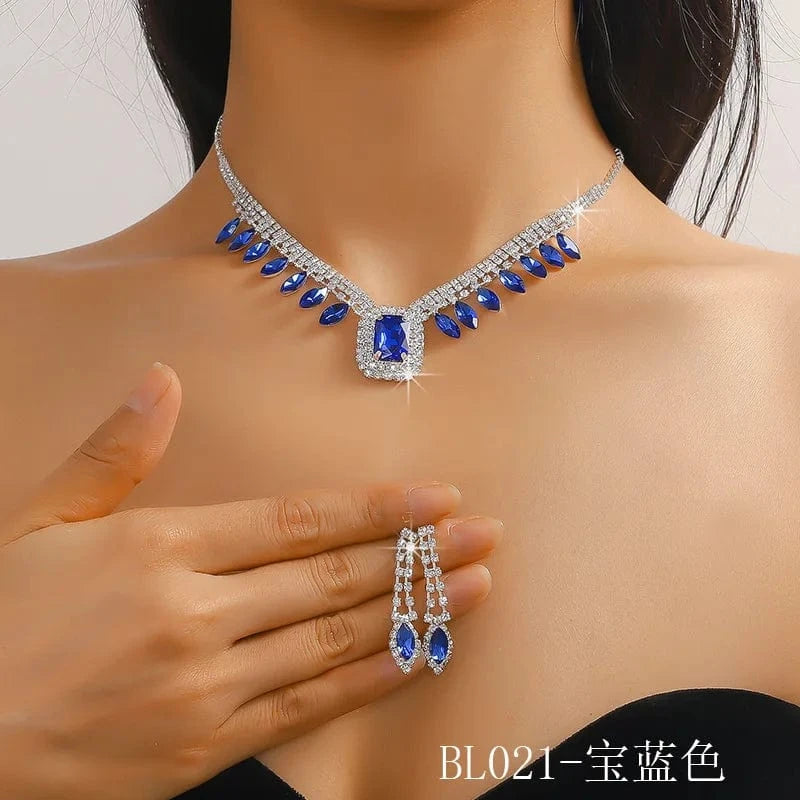 Hoyon Luxury Cubic Zircon Necklace Pendant Earrings For Women's Parties Blue Gemstone Jewelry Set Wedding Bride