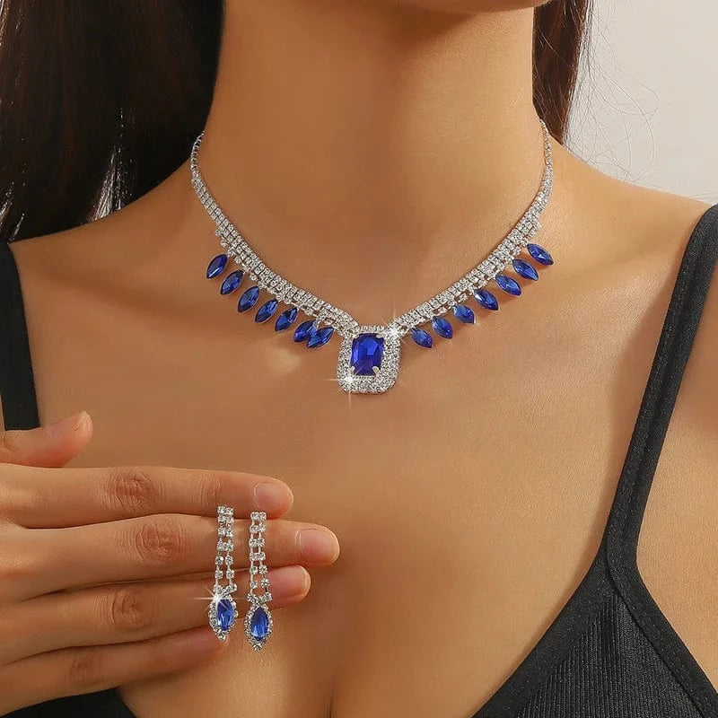 Hoyon Luxury Cubic Zircon Necklace Pendant Earrings For Women's Parties Blue Gemstone Jewelry Set Wedding Bride