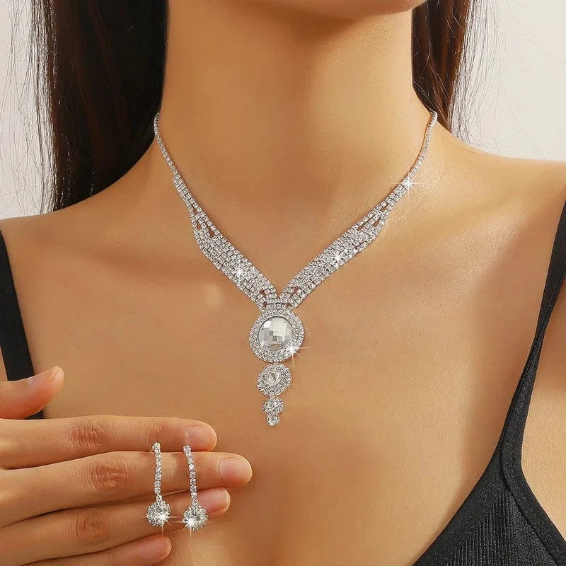 Hoyon New Jewelry Set Teardrop Wedding Rhinestone Necklace And Earrings Silver Jewelry Set For Women