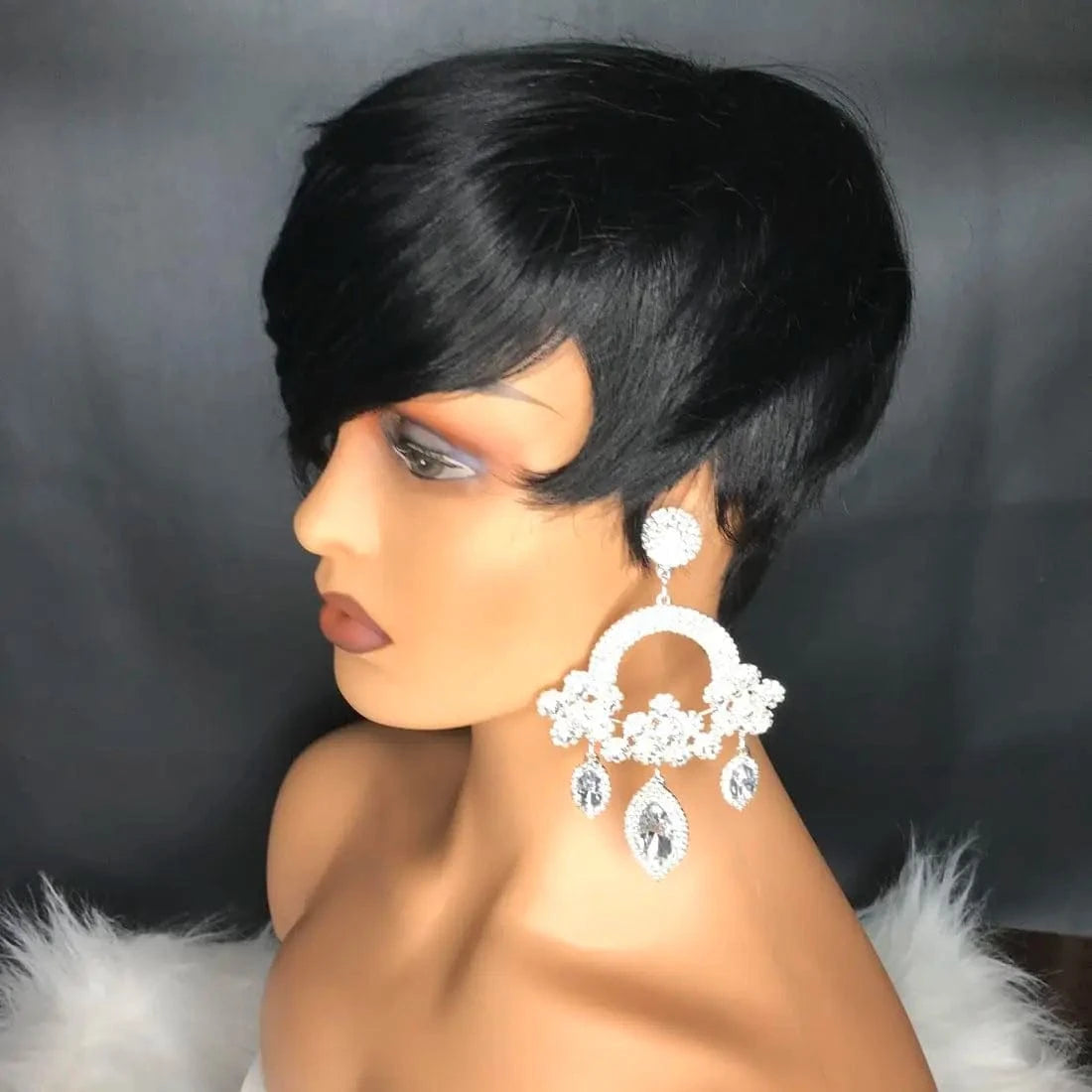 HS-680-1B / 1pc / 8inches Natural Black Short Pixie Cut Wigs for Black Women Curly Hair Replacement Short Black Layered Wavy Wigs With Bangs (Natural Blac