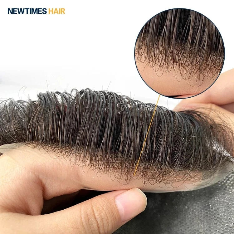 HS1V Super Thin 100% Hand Tied Men's Toupee Natural Wave Style with Invisible Hairline and Comfortable PU Base