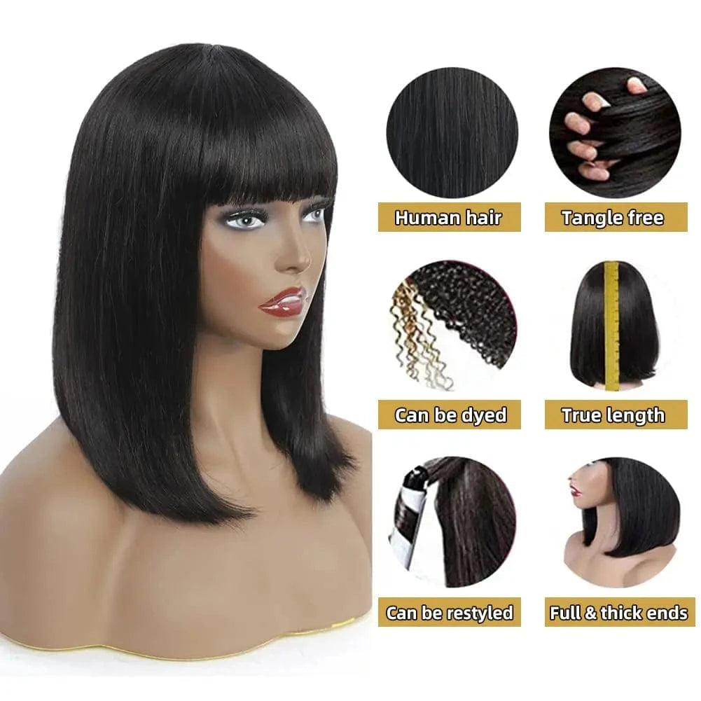 Human Hair Short Bob Wigs With Bangs Straight Hair Fringe Bob Wig for Women #4 Chocolate Brown #99j Dark Red Full Machine Wigs