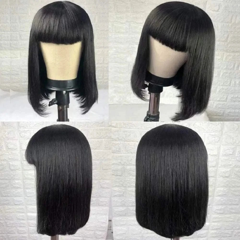 Human Hair Short Bob Wigs With Bangs Straight Hair Fringe Bob Wig for Women #4 Chocolate Brown #99j Dark Red Full Machine Wigs