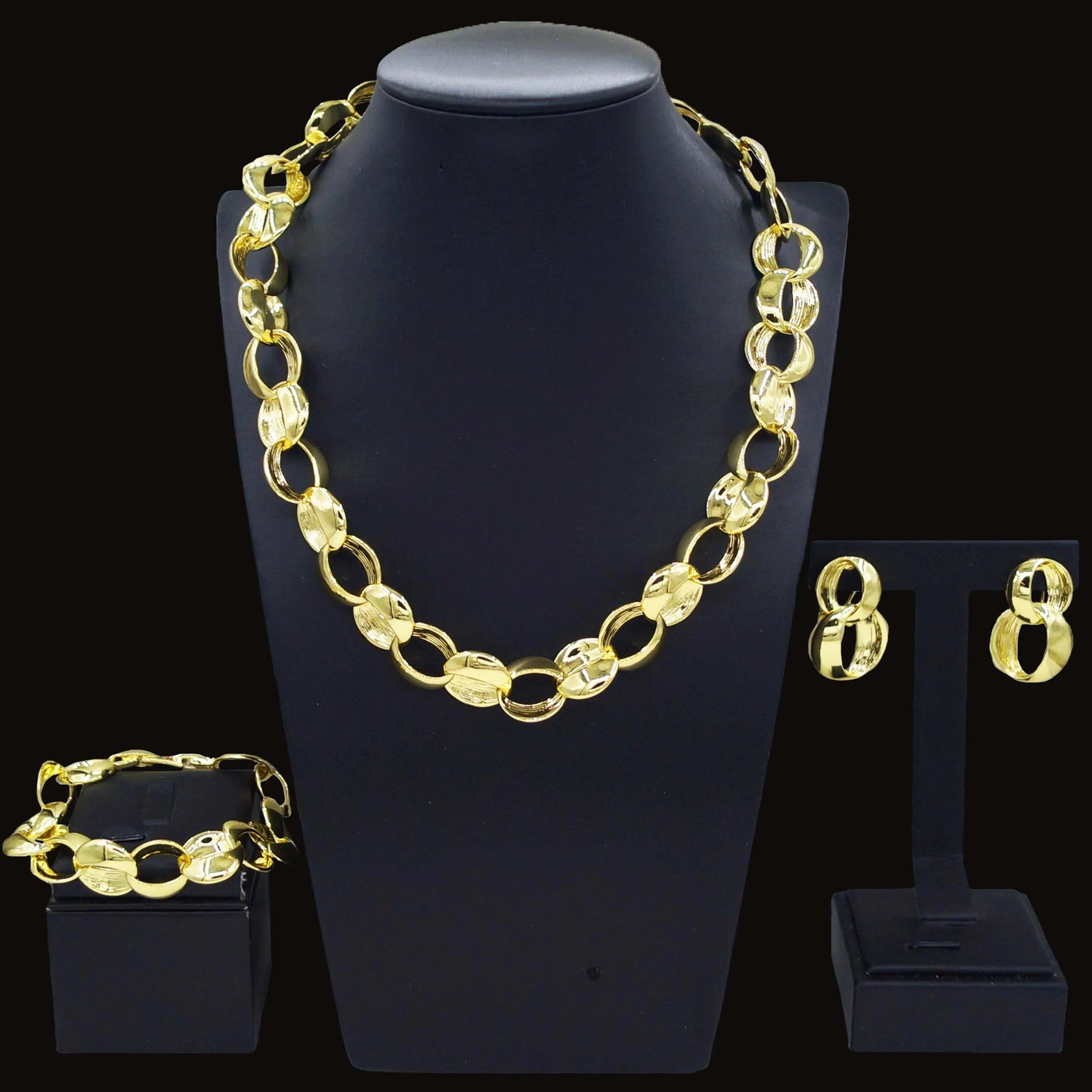 HV21093033 Inked Circles Earrings Bangle Ring Necklace Set 4 Pieces Dubai Jewelry Sets 24 K Gold Plated African Jewelry For Women