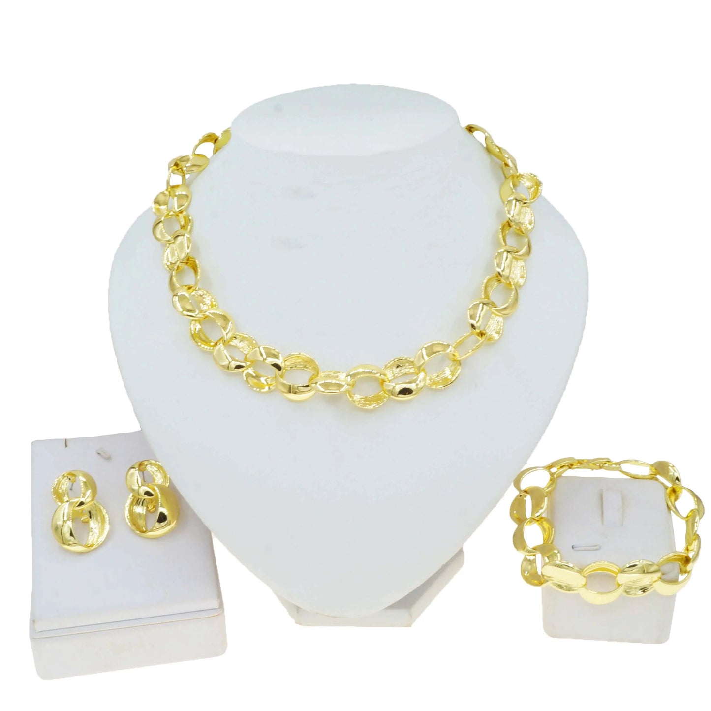 HV21093033 Inked Circles Earrings Bangle Ring Necklace Set 4 Pieces Dubai Jewelry Sets 24 K Gold Plated African Jewelry For Women
